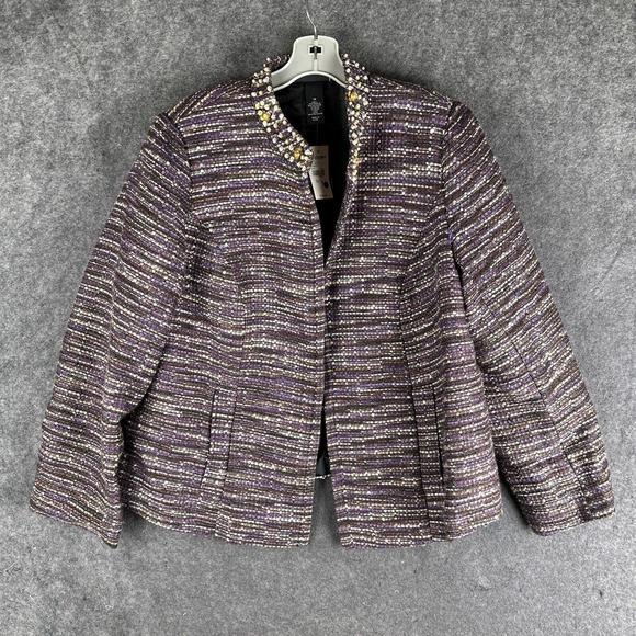 LANE BRYANT Blazer Womens 18 Purple Long Sleeve‎ Striped Embellished Open Front - Picture 1 of 14